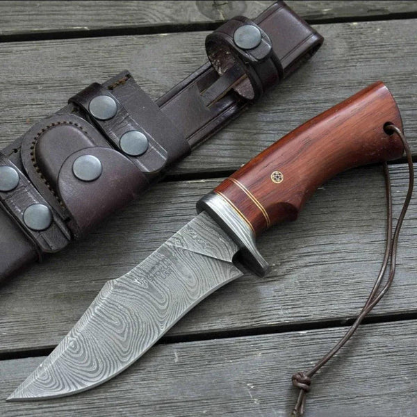 Polaris Damascus Hunting Knife with Exotic Red Heart Wood Handle - Gifts for You 'n Me
