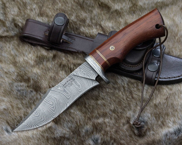 Polaris Damascus Hunting Knife with Exotic Red Heart Wood Handle