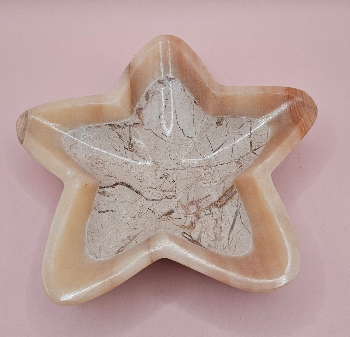 Polished Onyx Star Dish – Pale Marbled Stone Bowl 6.25