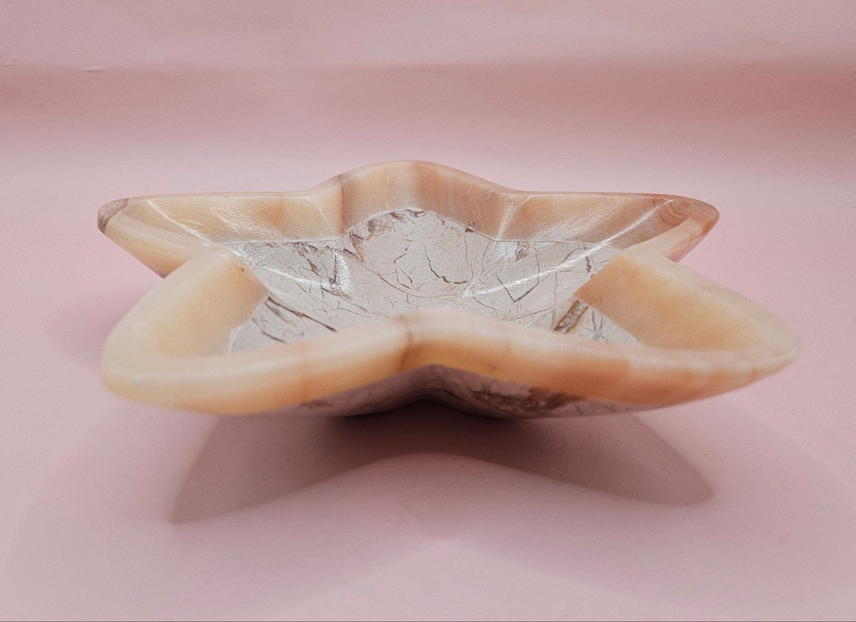 Polished Onyx Star Dish – Pale Marbled Stone Bowl 6.25