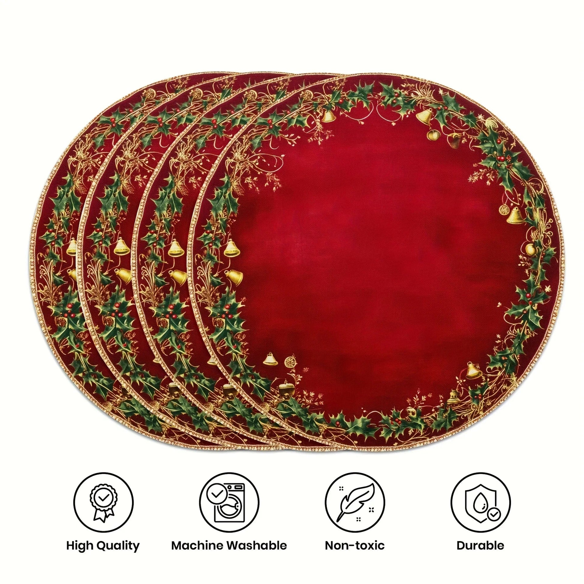Polyester Placemats 4pcs Red & Golden 38.1cm Round Table Mats with Leaf Pattern