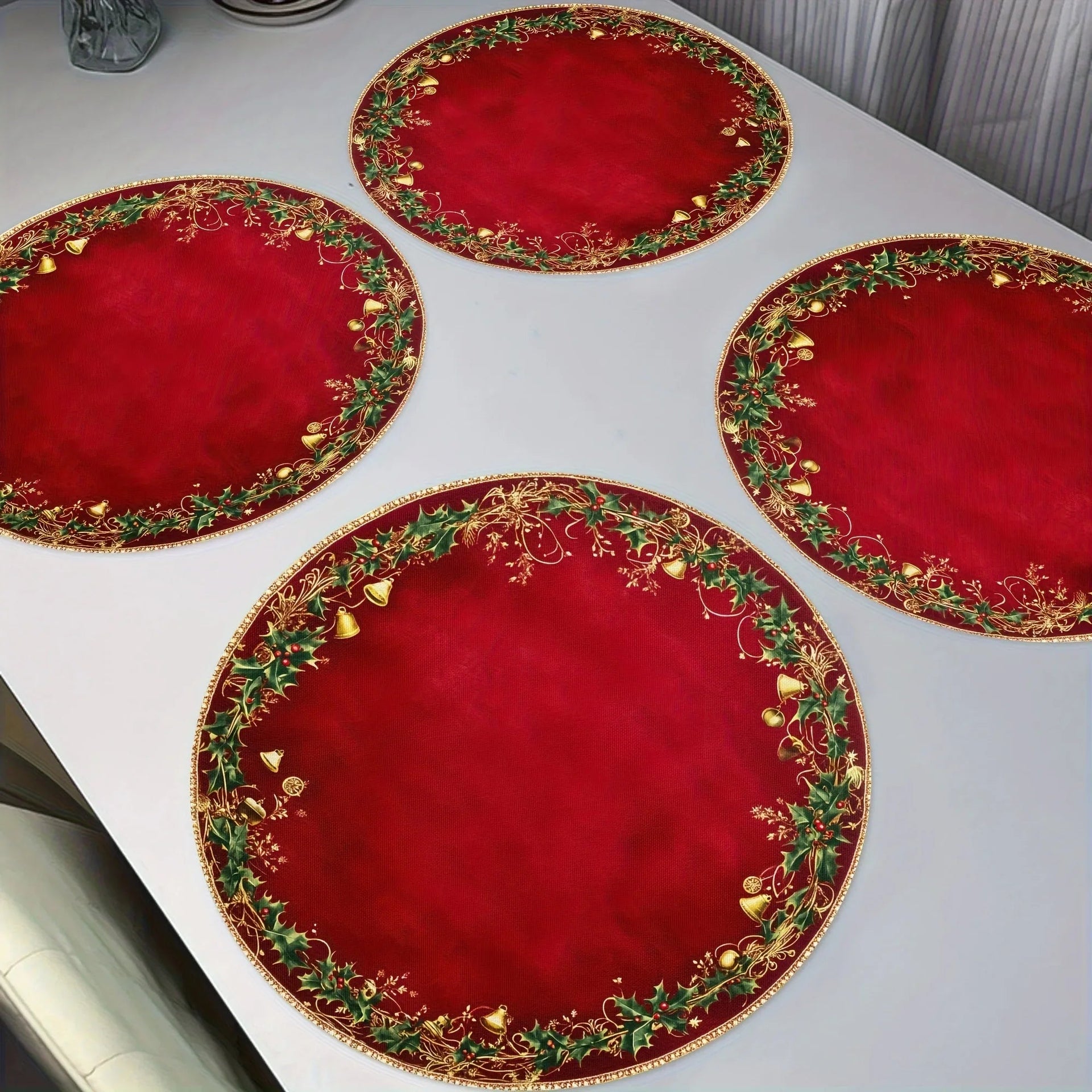 Polyester Placemats 4pcs Red & Golden 38.1cm Round Table Mats with Leaf Pattern