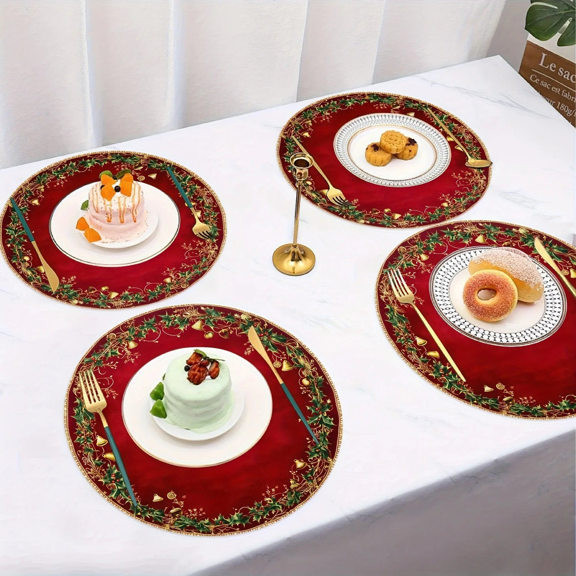 Polyester Placemats 4pcs Red & Golden 38.1cm Round Table Mats with Leaf Pattern