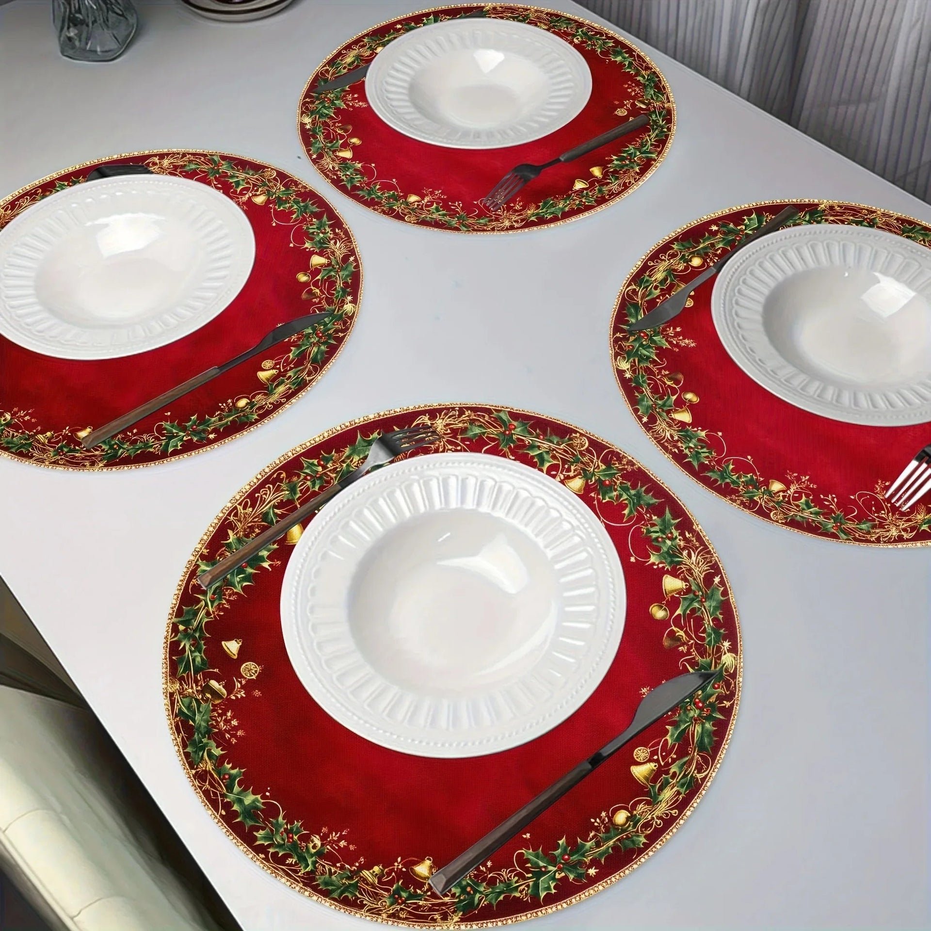 Polyester Placemats 4pcs Red & Golden 38.1cm Round Table Mats with Leaf Pattern