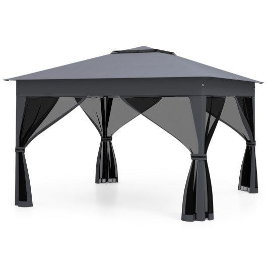 11 X 11 FT Pop Up Gazebo with Mesh Netting and Double Roof-Gray
