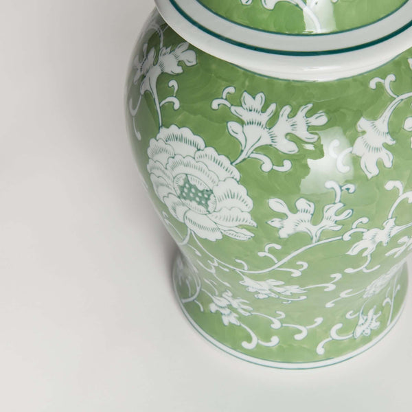 Porcelain Green Chinoiserie Lotus Ginger Jar with Lid
