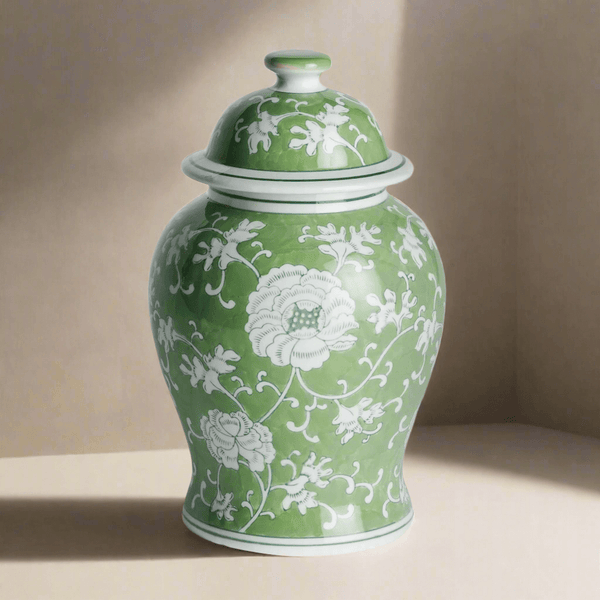 Porcelain Green Chinoiserie Lotus Ginger Jar with Lid