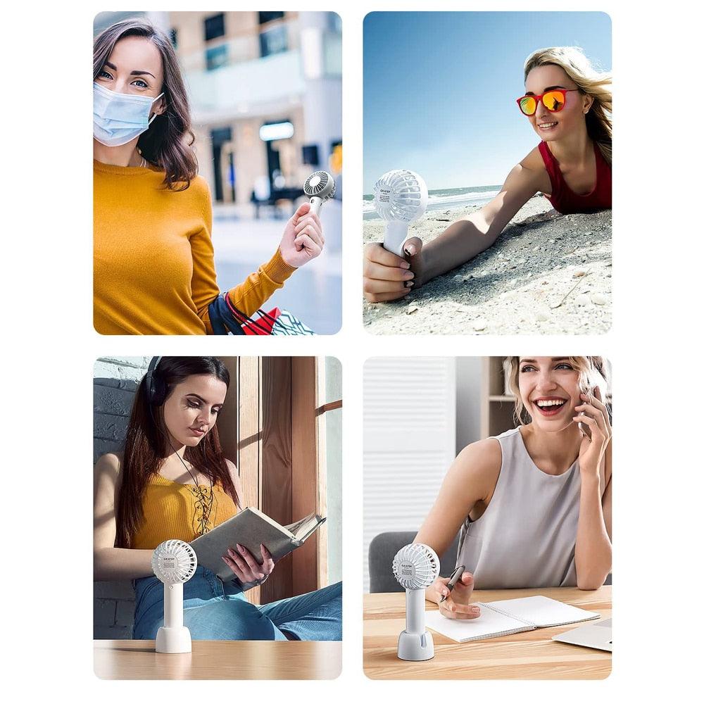 Portable Fan Mini Handheld Fan USB Rechargeable 3 Speed Personal Handheld Small Pocket Fan with Base for Indoor Outdoor Handheld Fan Mini Portable Fan Rechargeable Battery Fan Cute Design 3 Speed Dual Motors Personal Small Desk Fan with Base