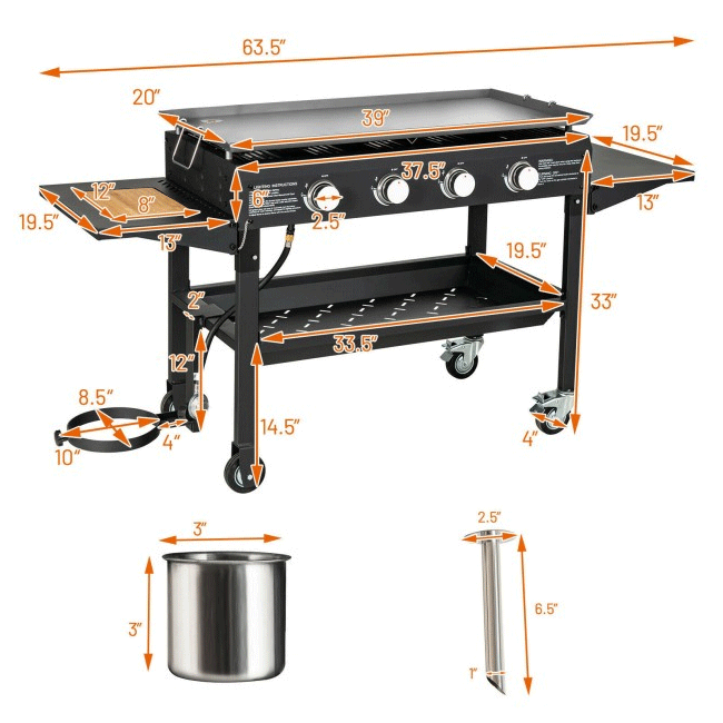 Portable Outdoor 4 Burner Propane Flat Top Gas Grill W/ Wheels, 60K BTU (96266104)