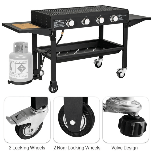 Portable Outdoor 4 Burner Propane Flat Top Gas Grill W/ Wheels, 60K BTU (96266104)