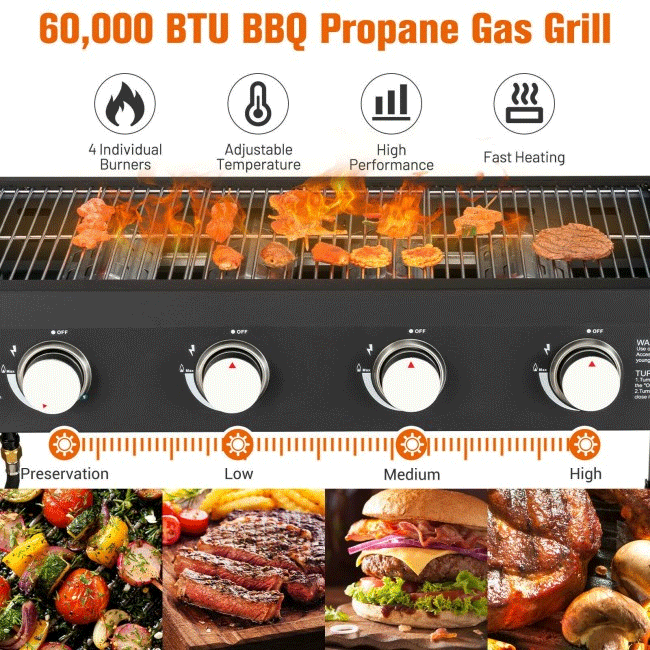 Portable Outdoor 4 Burner Propane Flat Top Gas Grill W/ Wheels, 60K BTU (96266104)