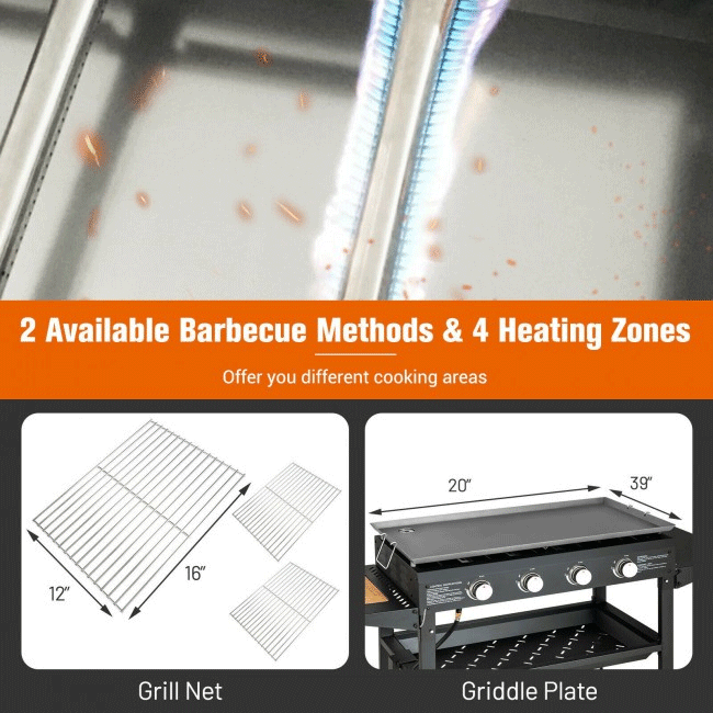 Portable Outdoor 4 Burner Propane Flat Top Gas Grill W/ Wheels, 60K BTU (96266104)