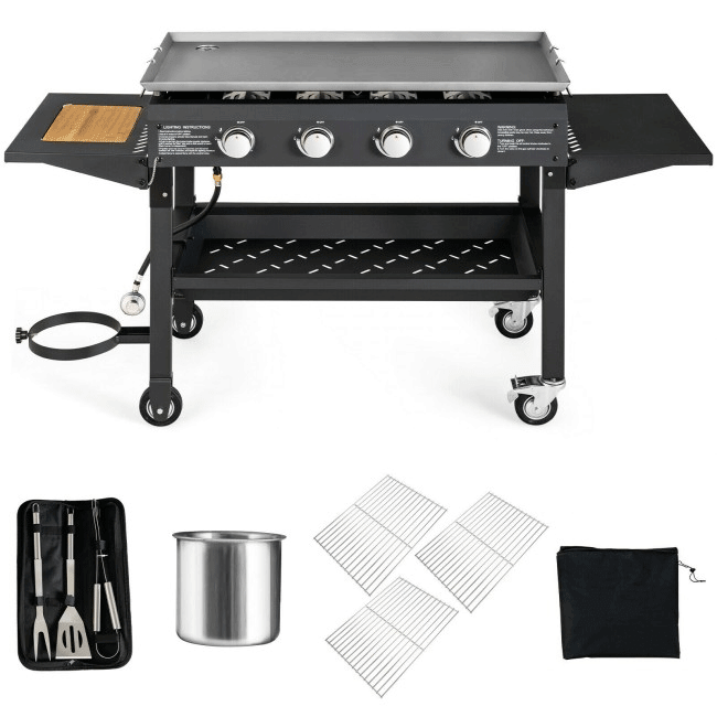 Portable Outdoor 4 Burner Propane Flat Top Gas Grill W/ Wheels, 60K BTU (96266104)