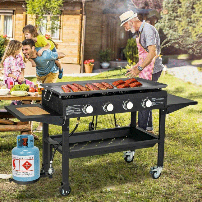 Portable Outdoor 4 Burner Propane Flat Top Gas Grill W/ Wheels, 60K BTU (96266104)