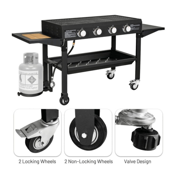 Portable Outdoor 4 Burner Propane Flat Top Gas Grill W/ Wheels, 60K BTU (SAK66104)