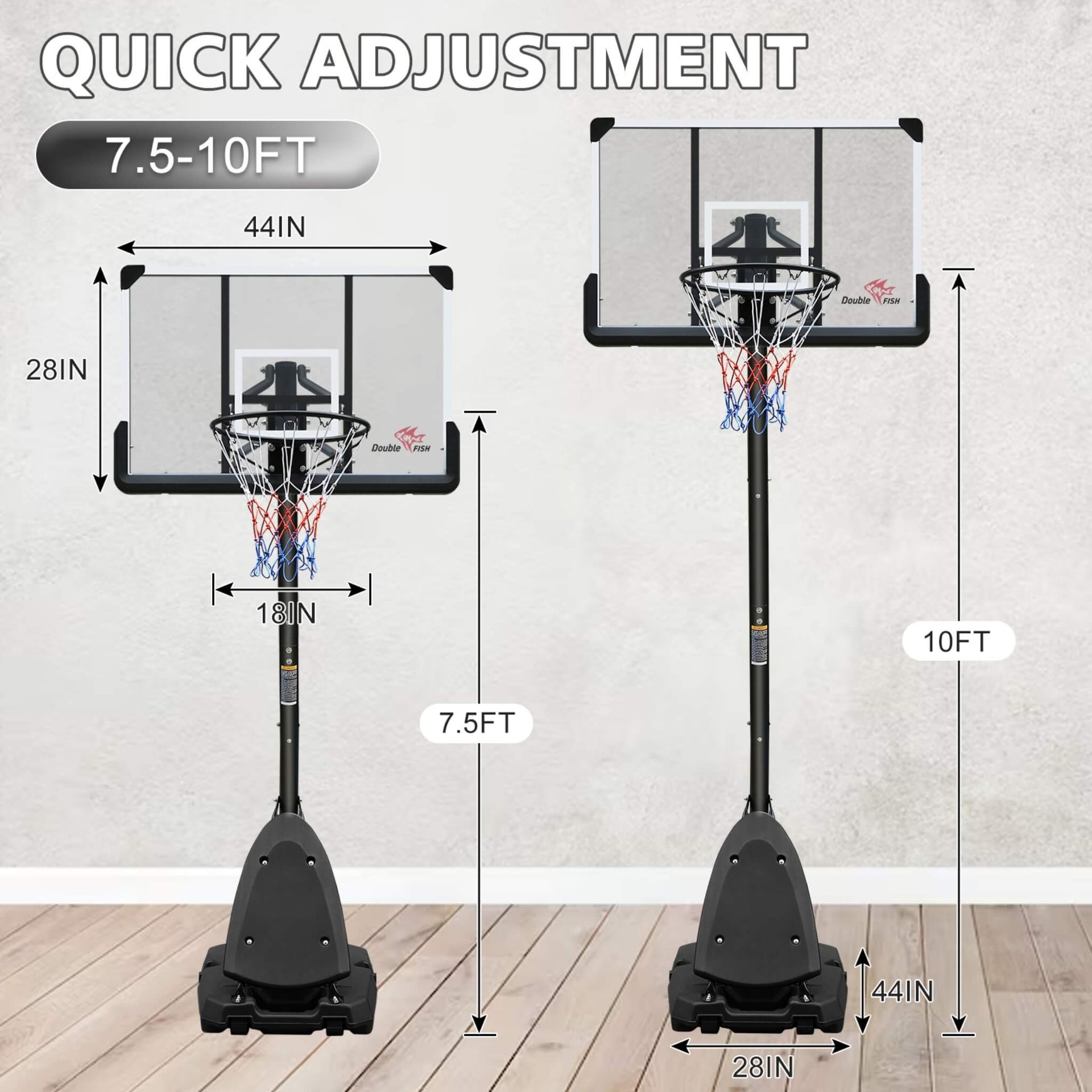 Portable Outdoor All-Weather Height Adjustable Basketball Hoop With 44-Inch Backboard And Wheels, 10FT (SAK58741)