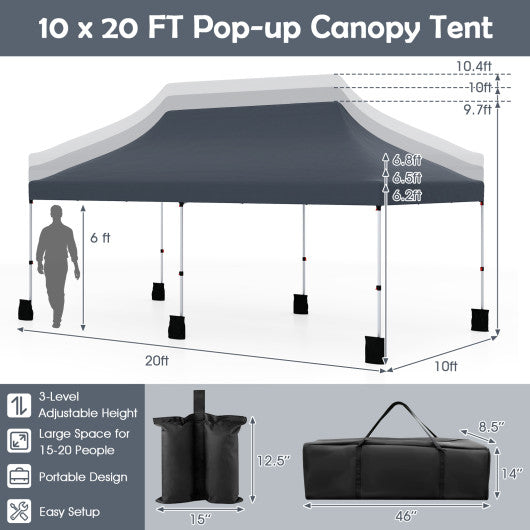 10 x 20 FT Pop up Canopy Tent Foldable Portable Outdoor Gazebo with Carry Bag-Black