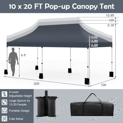 10 x 20 FT Pop up Canopy Tent Foldable Portable Outdoor Gazebo with Carry Bag-Black