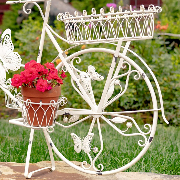 LARGE IRON BUTTERFLY BICYCLE PLANT STAND WITH 5 BASKETS IN WHITE 