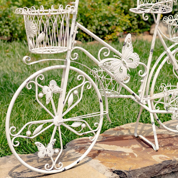 LARGE IRON BUTTERFLY BICYCLE PLANT STAND WITH 5 BASKETS IN WHITE 