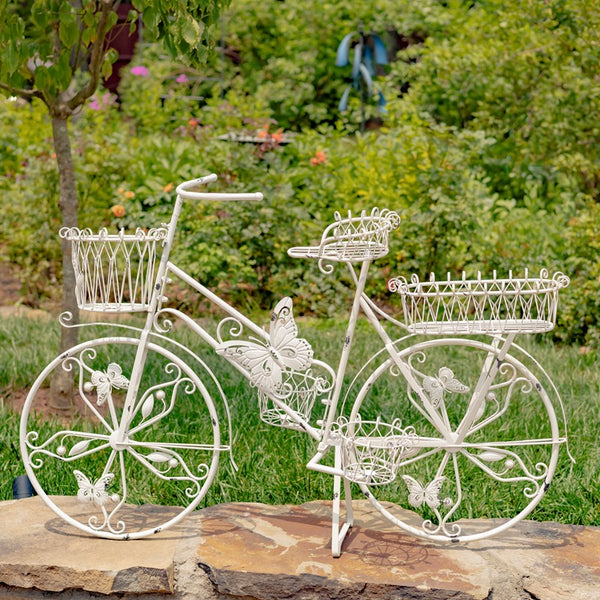 LARGE IRON BUTTERFLY BICYCLE PLANT STAND WITH 5 BASKETS IN WHITE 
