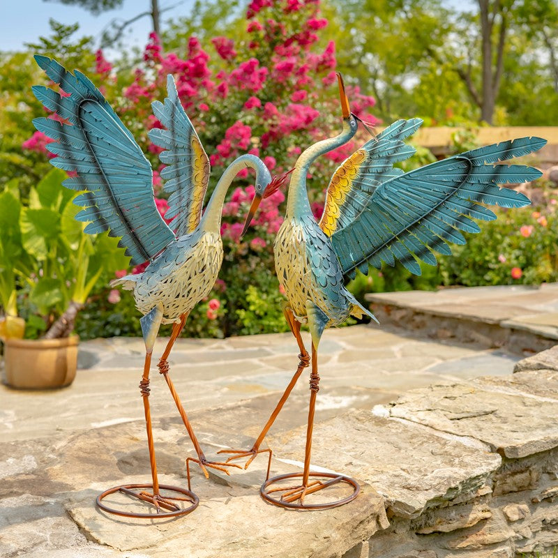 Set of 2 Small Iron Dancing Cranes Sculpture