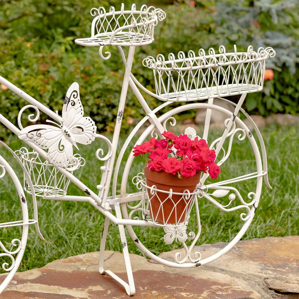 LARGE IRON BUTTERFLY BICYCLE PLANT STAND WITH 5 BASKETS IN WHITE 