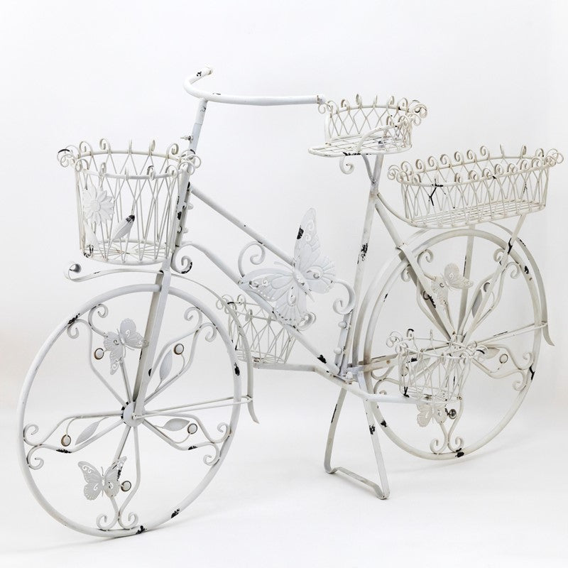 LARGE IRON BUTTERFLY BICYCLE PLANT STAND WITH 5 BASKETS IN WHITE 