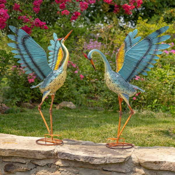 Set of 2 Small Iron Dancing Cranes Sculpture