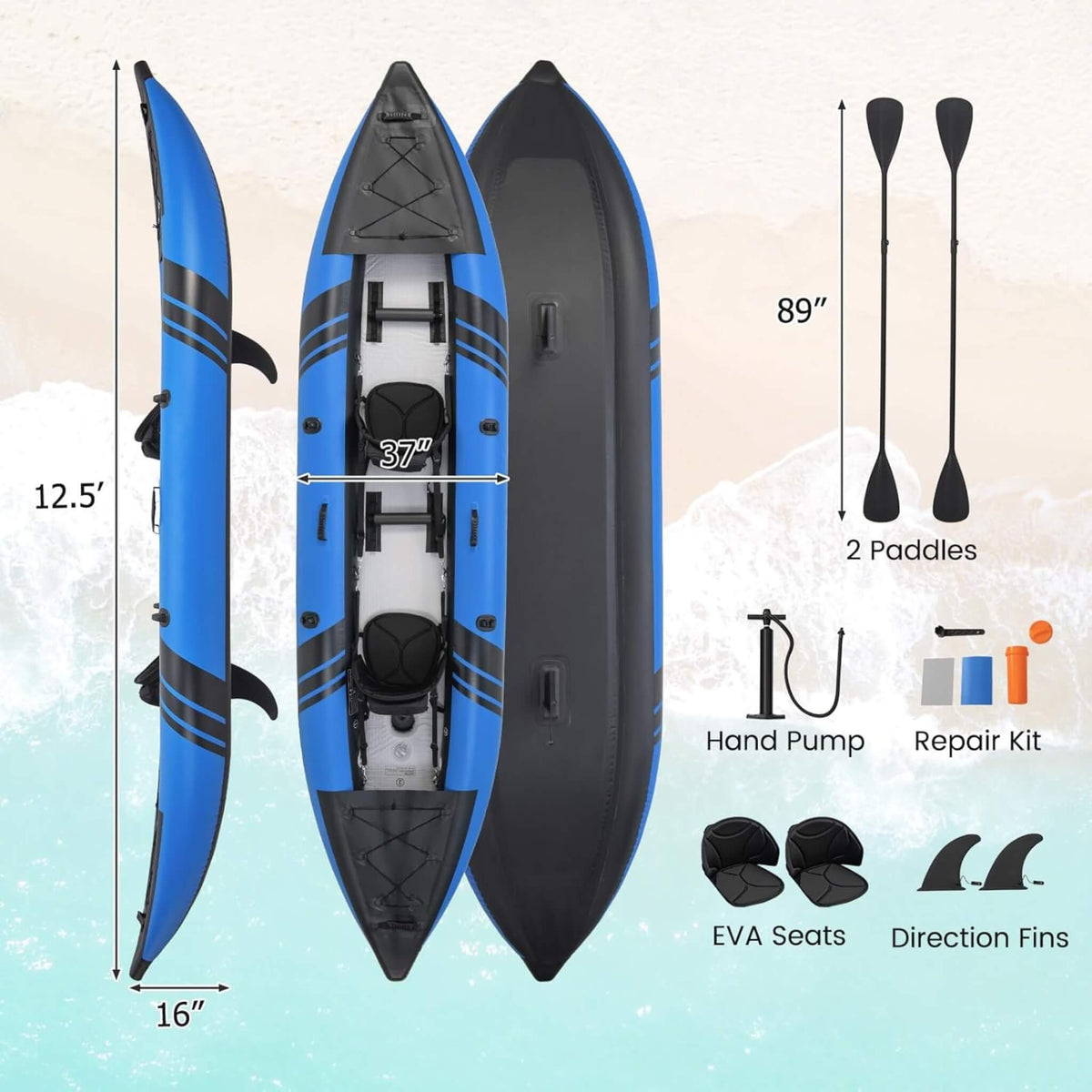 Premium 12FT 2-Person Inflatable Tandem Kayak Kit With Pump And Paddles (SAK94816)