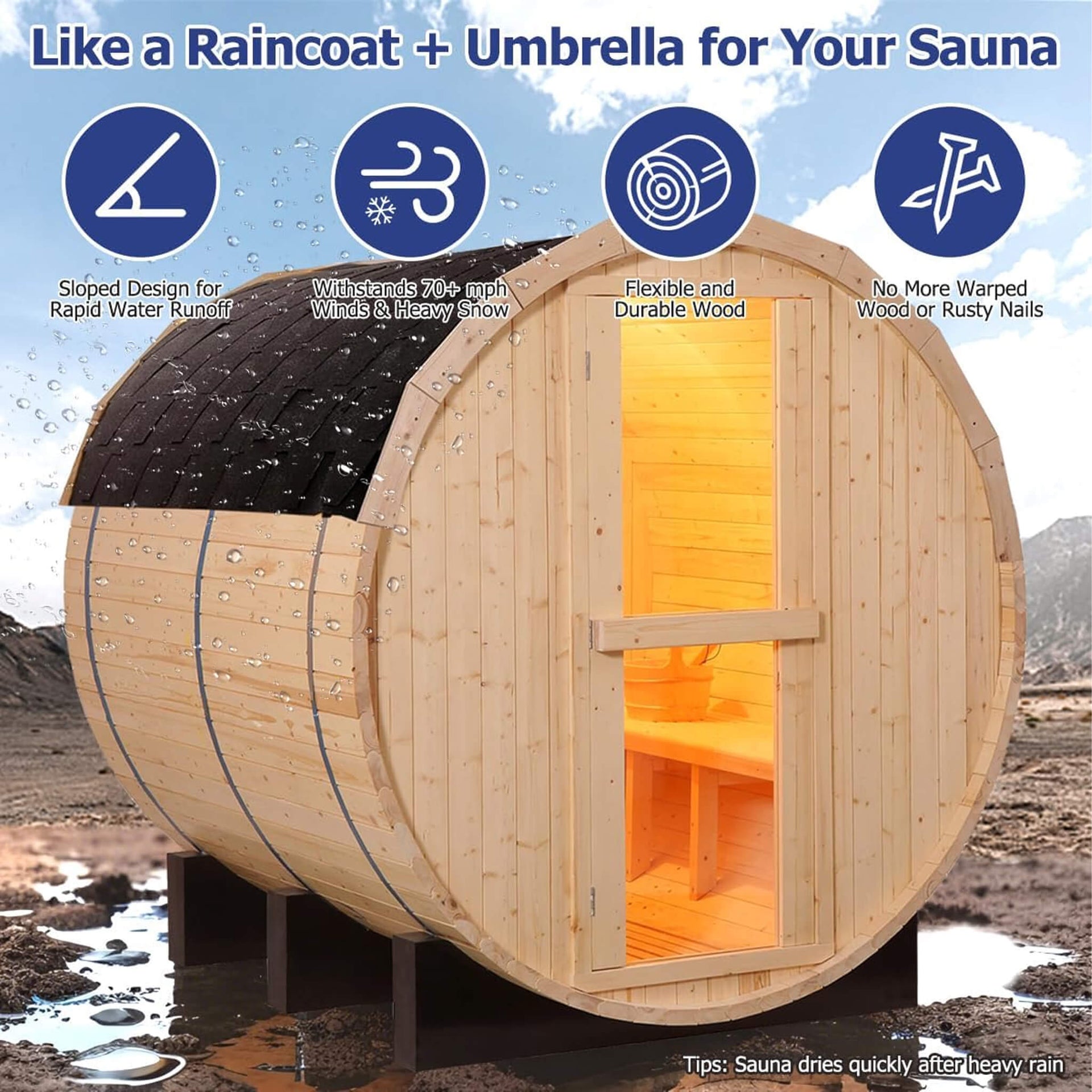 Haven Premium All-Weather Outdoor Pinewood Barrel Sauna Kit With 4.5KW Heater And Tempered Glass Window [Made-To-Order] (SAK91462)