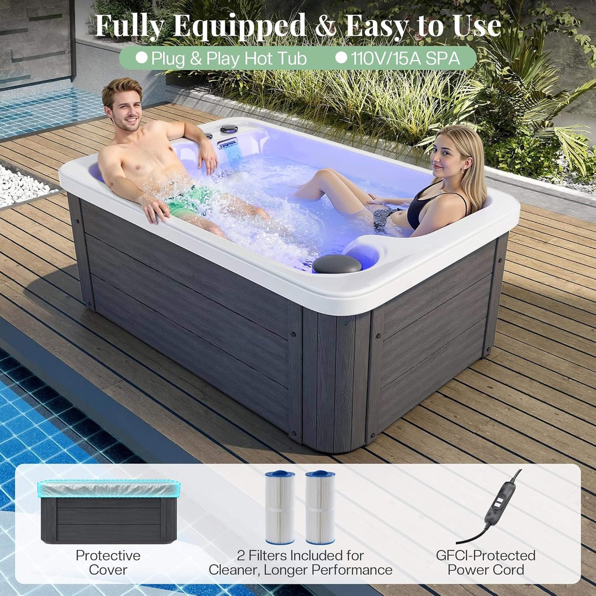 Premium 2-Person Outdoor Hot Tub W/ 15 Stainless Steel Jets (SAK92015)