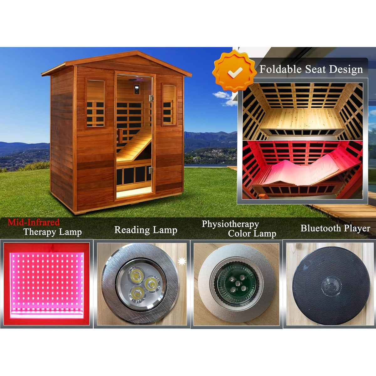 Vanta Luxury 3-Person Outdoor Mahogany Full Spectrum Ultra-Low EMF FAR Infrared Sauna With Chromotherapy And Bluetooth Speakers (SAK83460)