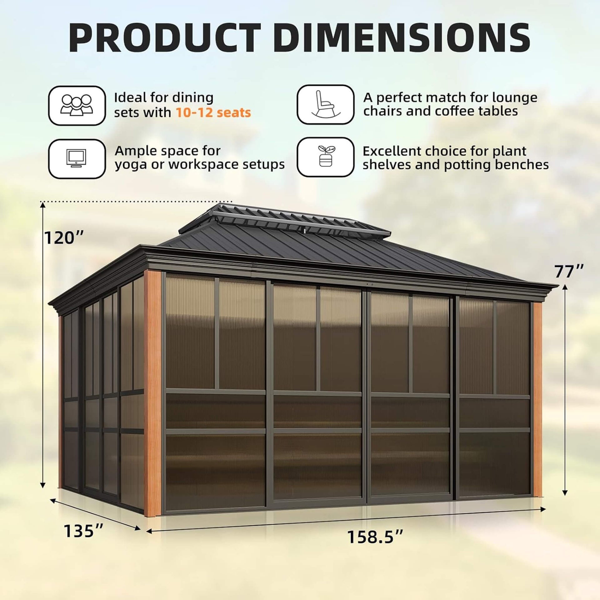 Solstice Premium All-Season Outdoor Wood Grain Sunroom With Sliding Doors And Double Top Roof (SAK58317)