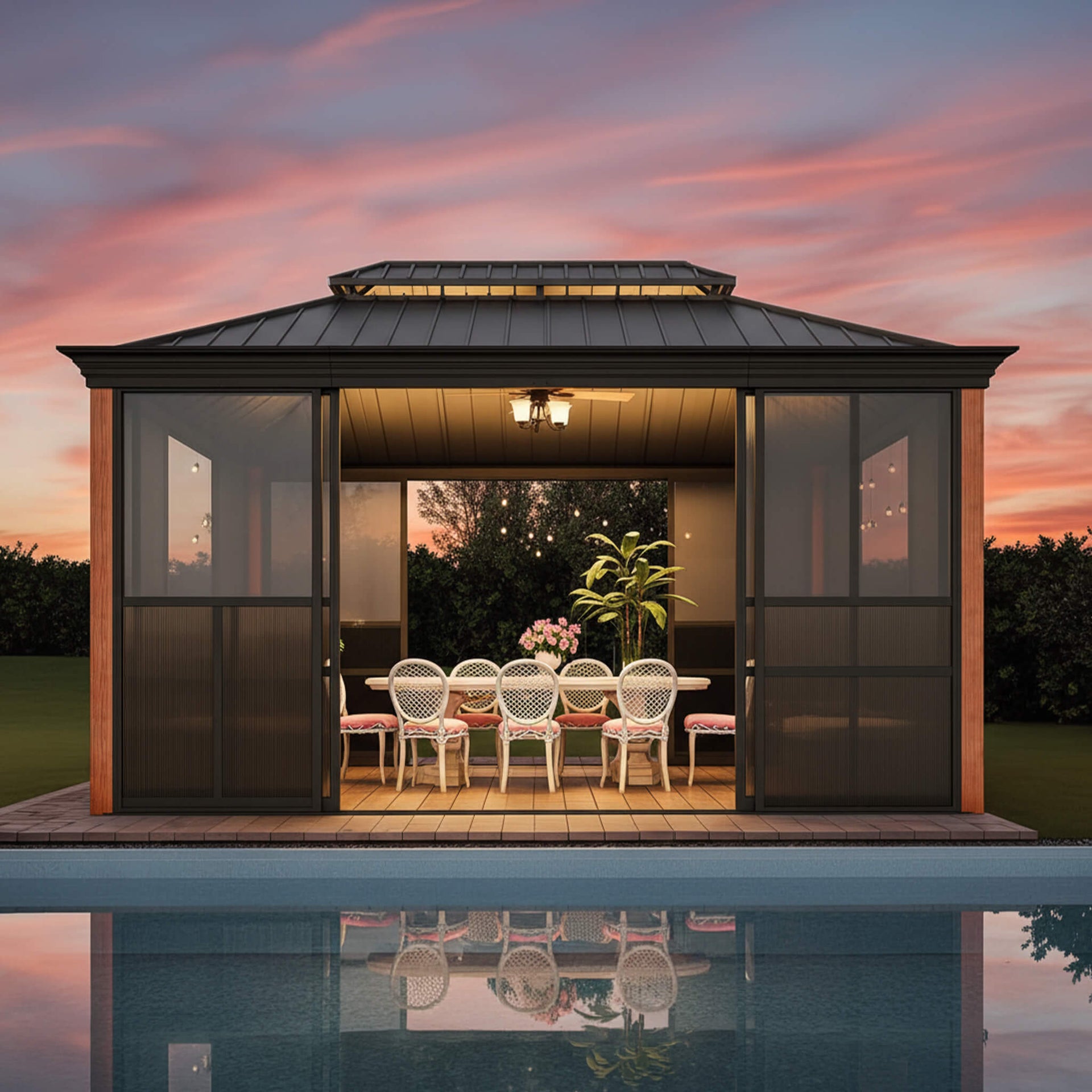 Solstice Premium All-Season Outdoor Wood Grain Sunroom With Sliding Doors And Double Top Roof (SAK58317)