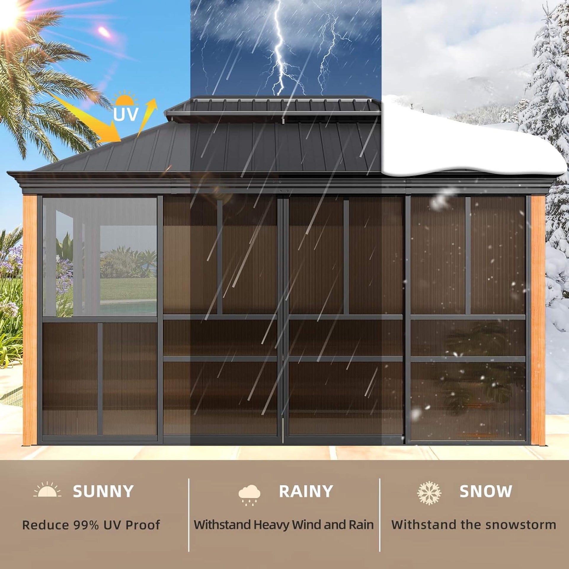 Solstice Premium All-Season Outdoor Wood Grain Sunroom With Sliding Doors And Double Top Roof (SAK58317)