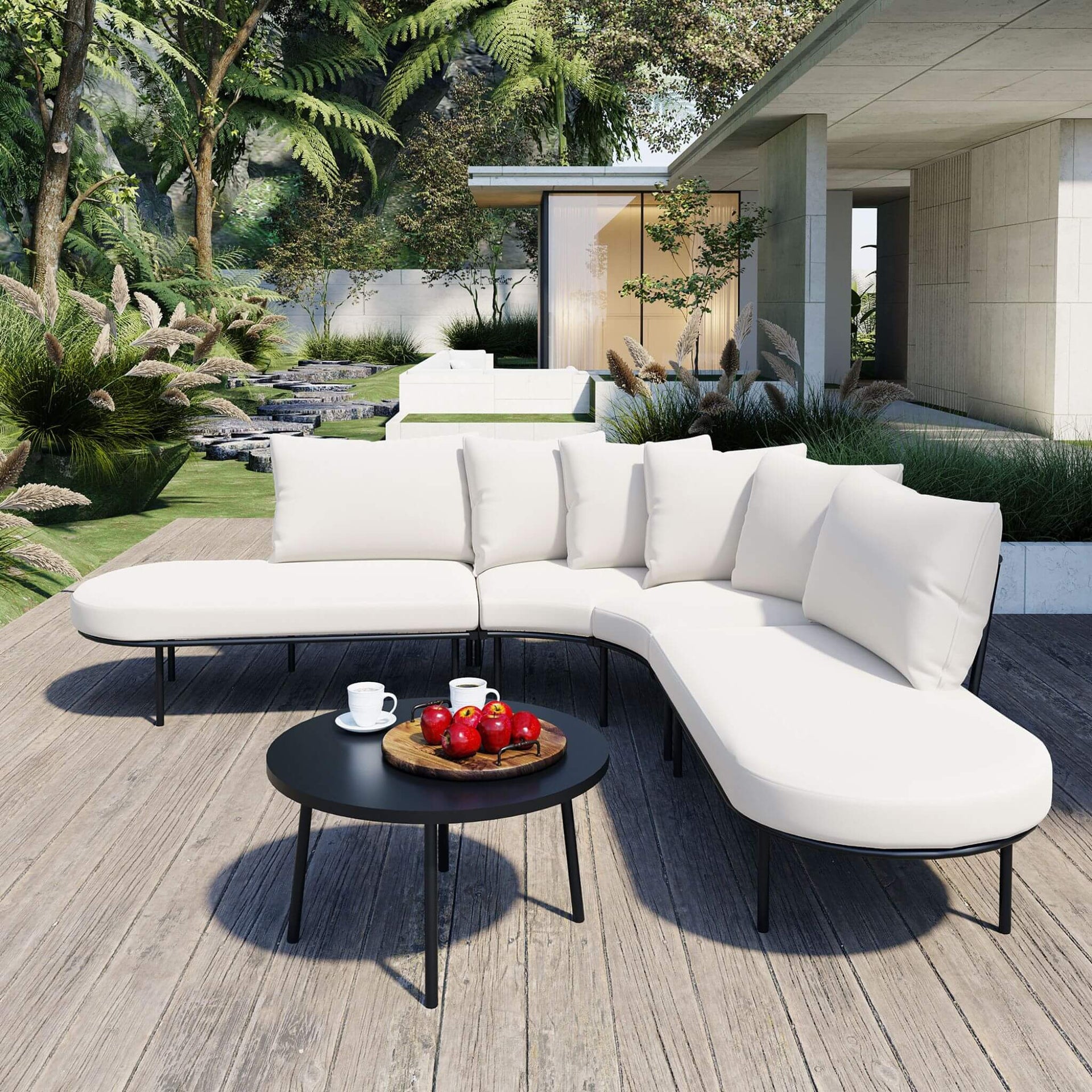 Premium Half-Moon 6-Person Curved All-Weather Outdoor Furniture Sofa Patio Set With Coffee Table And Cushions (SAK76332)