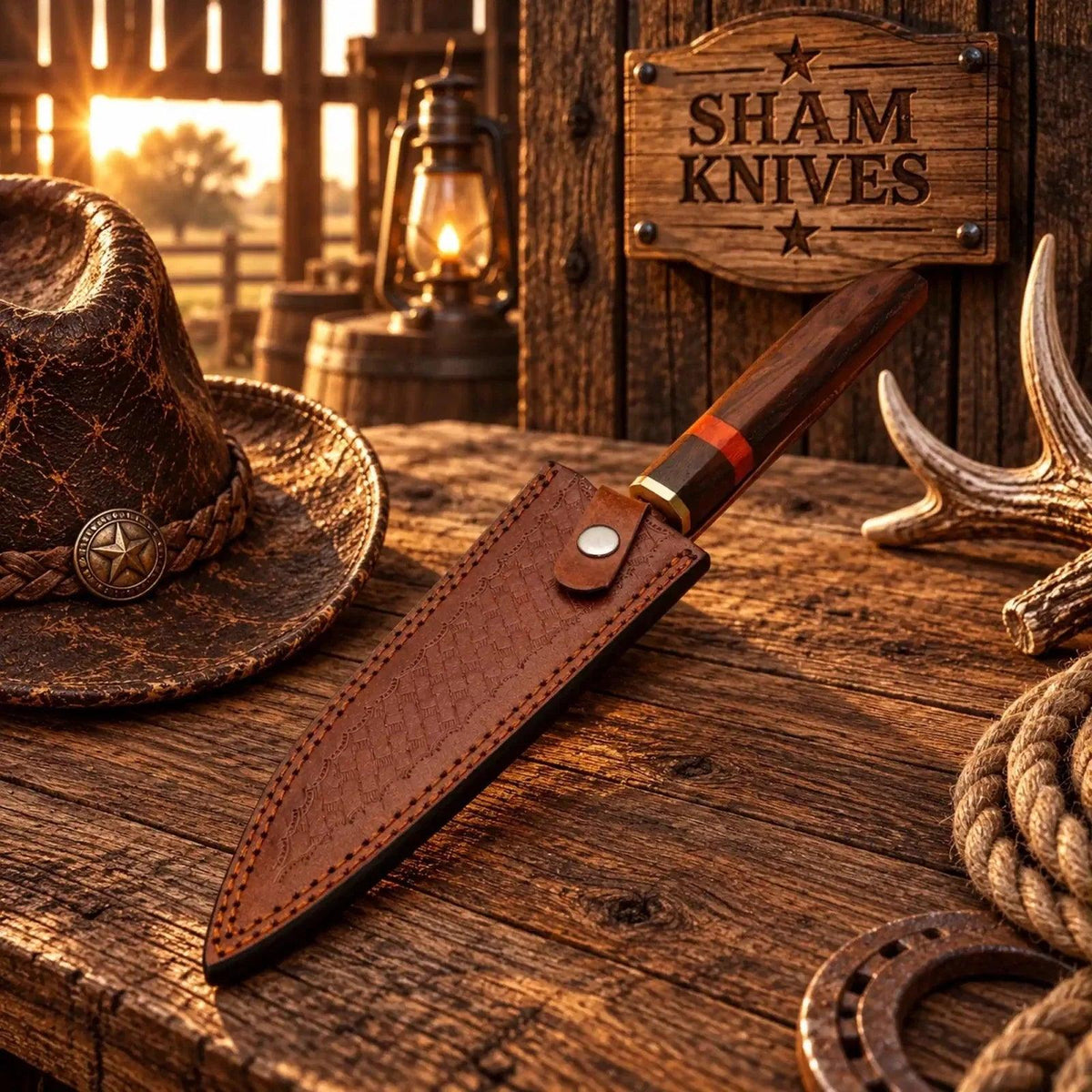 Premium Hand Forged Ladder Style Copper Damascus Chef Knife for Sale – Rosewood Handle