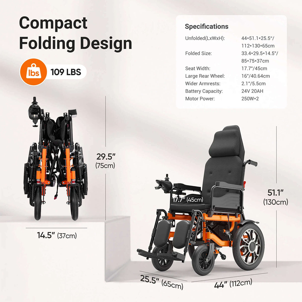 Premium Lightweight Electric Full Reclining Motorized Foldable Wheelchair (SAK91516)