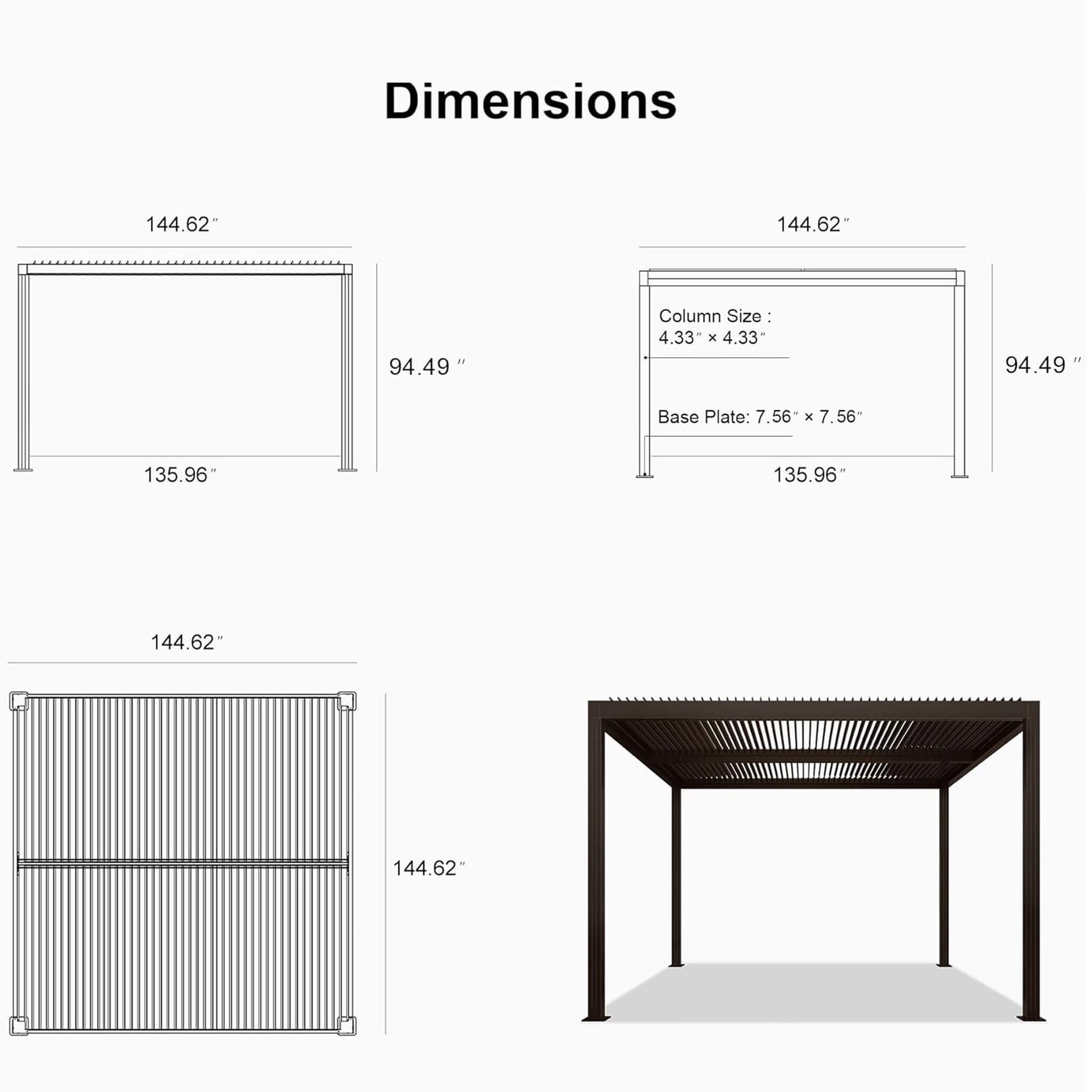 Premium Outdoor Aluminum Louvered Patio Pergola With LED Lights [PERGOLA ONLY] (SAK24896)