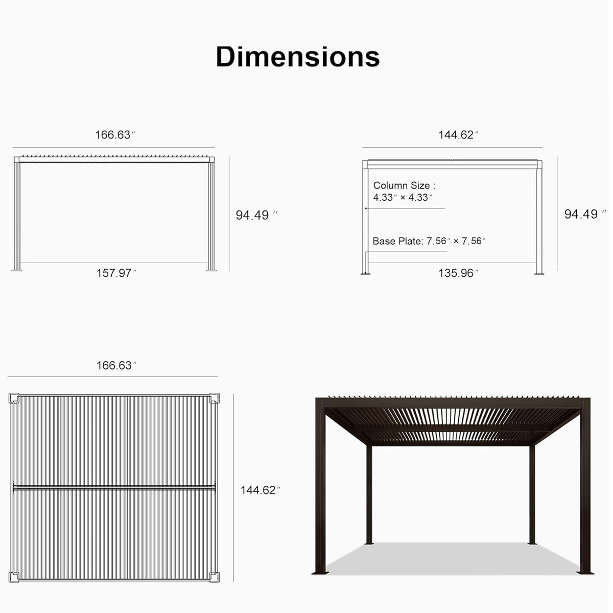 Premium Outdoor Aluminum Louvered Patio Pergola With LED Lights [PERGOLA ONLY] (SAK24896)