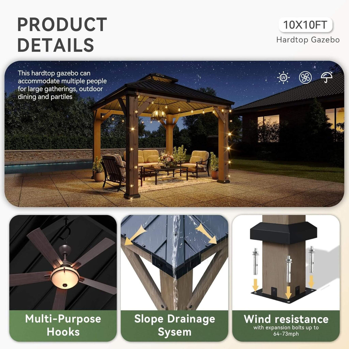 Premium Outdoor Cedar Wood Galvanized Steel Hardtop Gazebo (SAK23907)