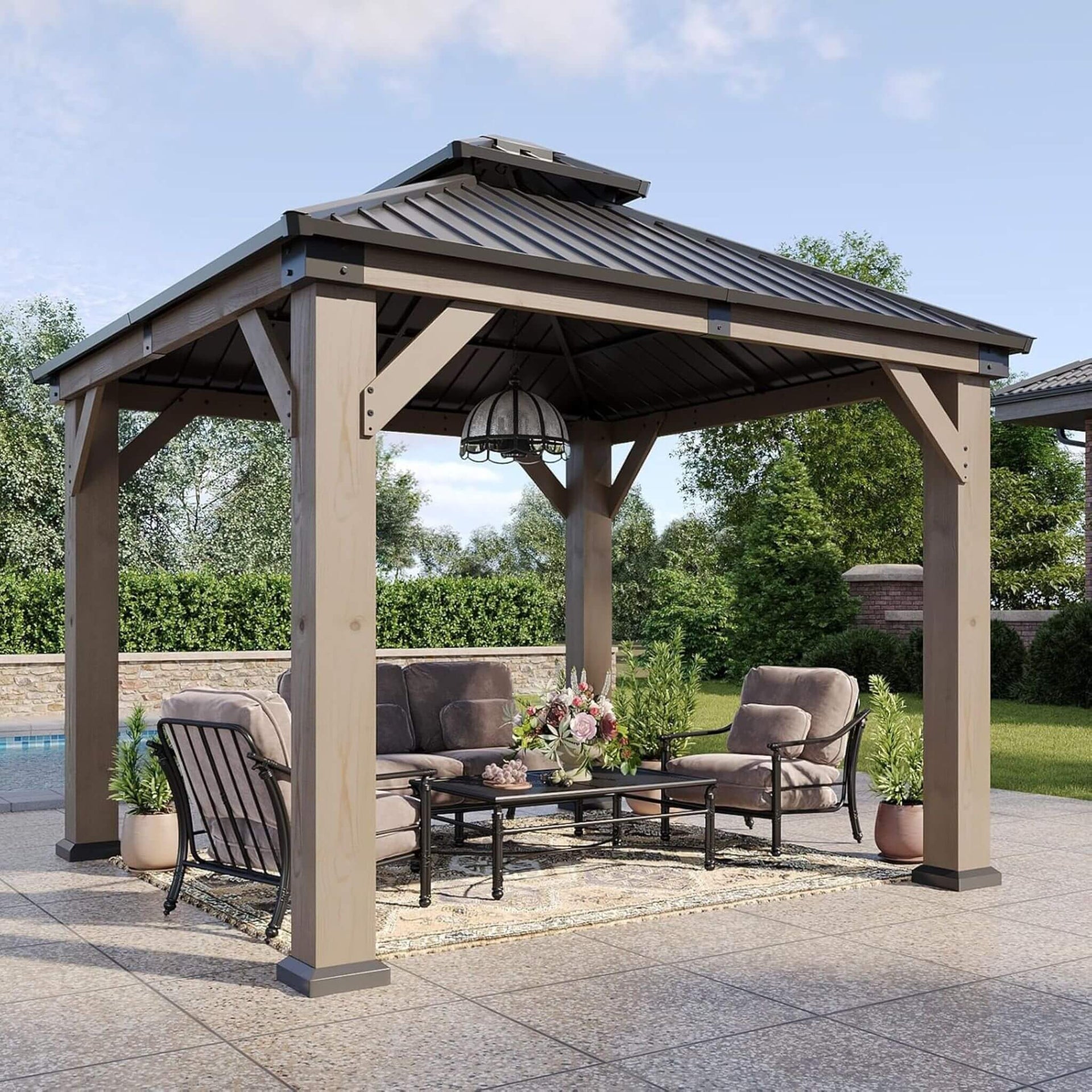 Premium Outdoor Cedar Wood Galvanized Steel Hardtop Gazebo (SAK23907)