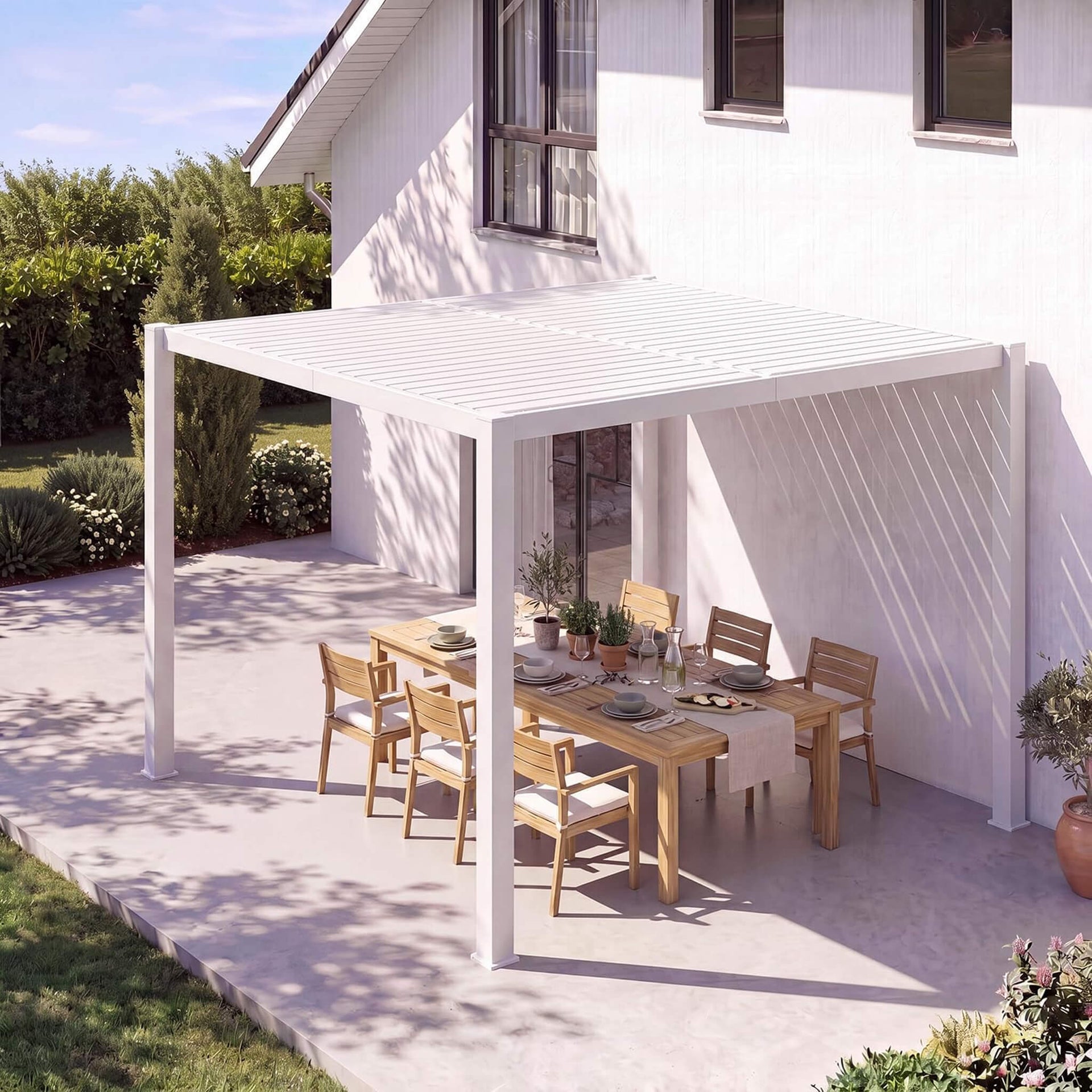 Premium White Outdoor Metal Louvered Pergola With Drainage System (SAK87265)