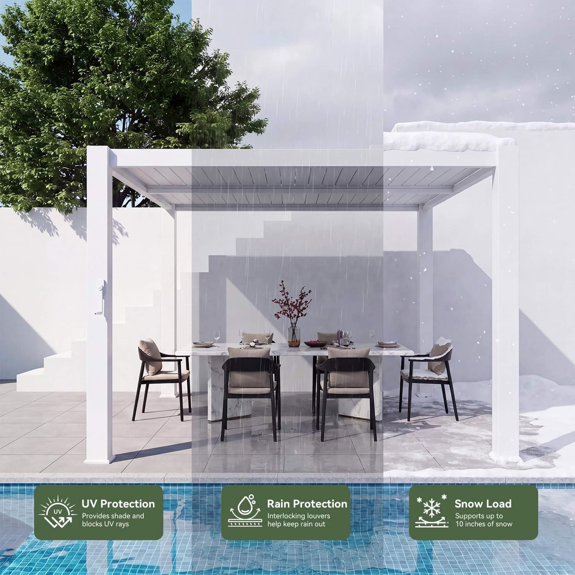 Premium White Outdoor Metal Louvered Pergola With Drainage System (SAK87265)