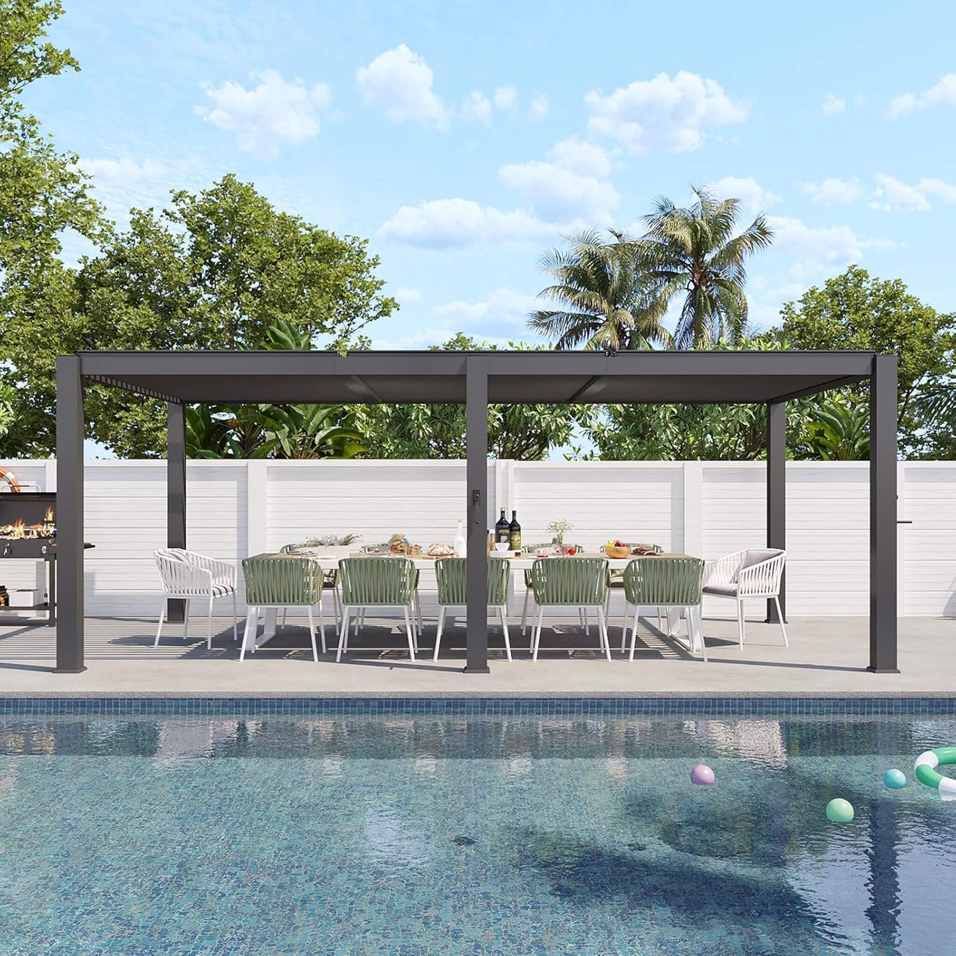 Premium Gray Outdoor Metal Pergola With Louvered Roof And Drainage System (SAK76143)