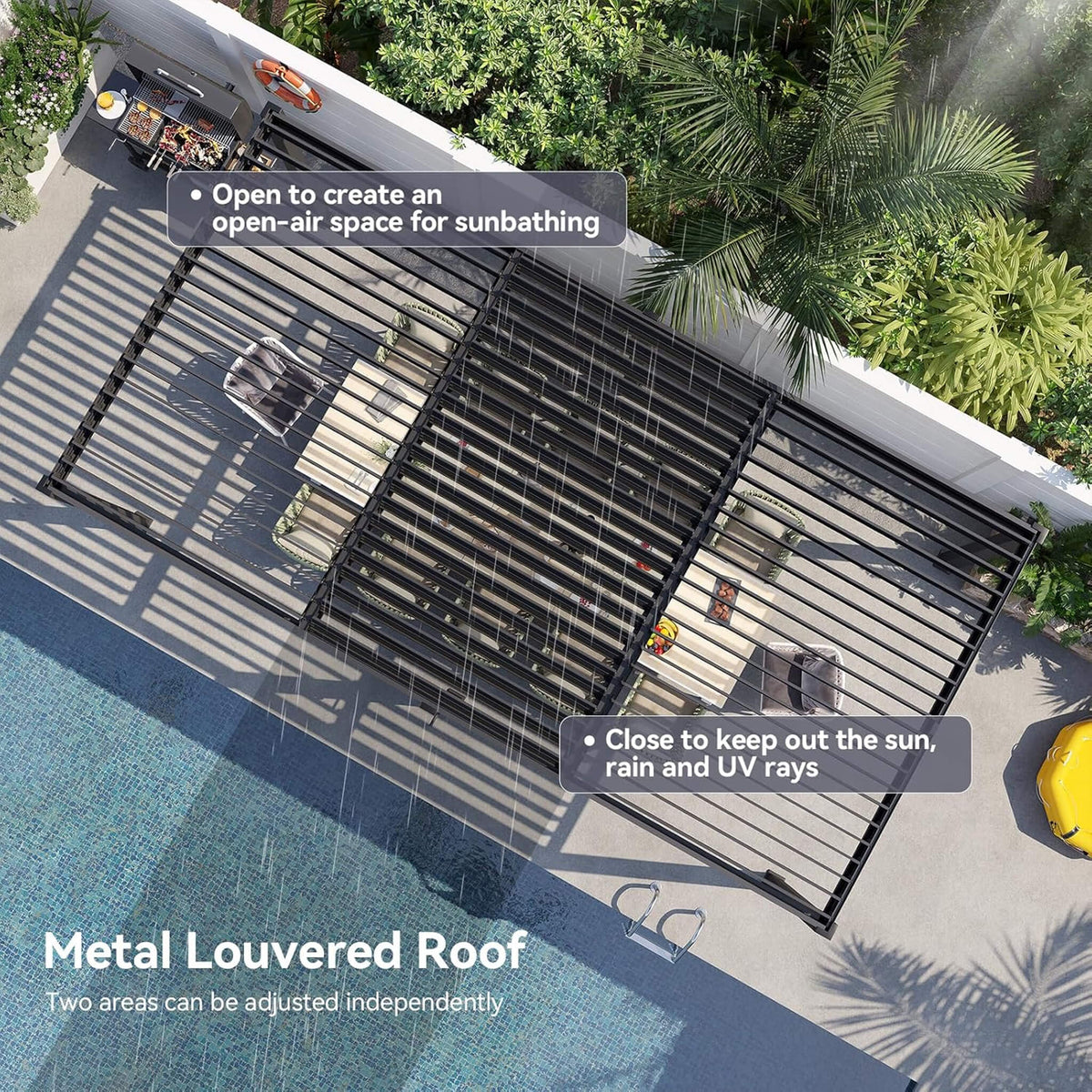 Premium Gray Outdoor Metal Pergola With Louvered Roof And Drainage System (SAK76143)