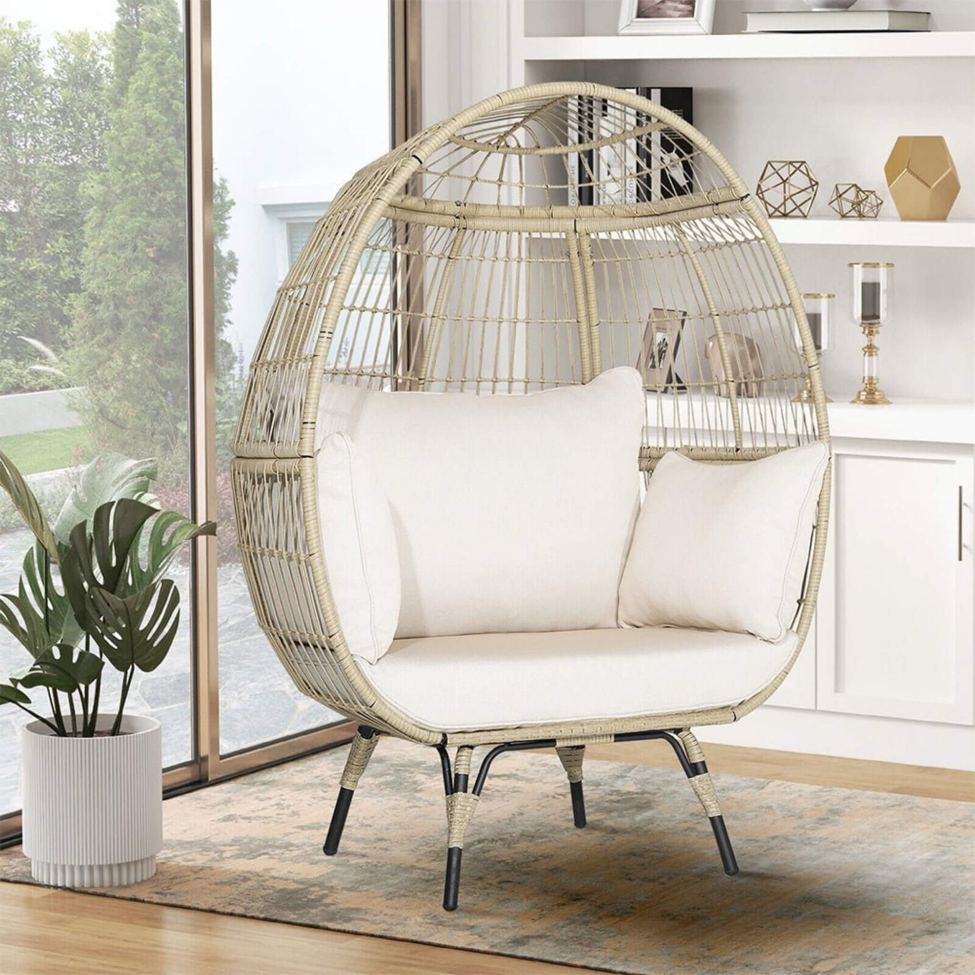 Premium 57-Inch Oversized Rattan Patio Egg Lounge Chair Basket With Cushions (SAK91684)