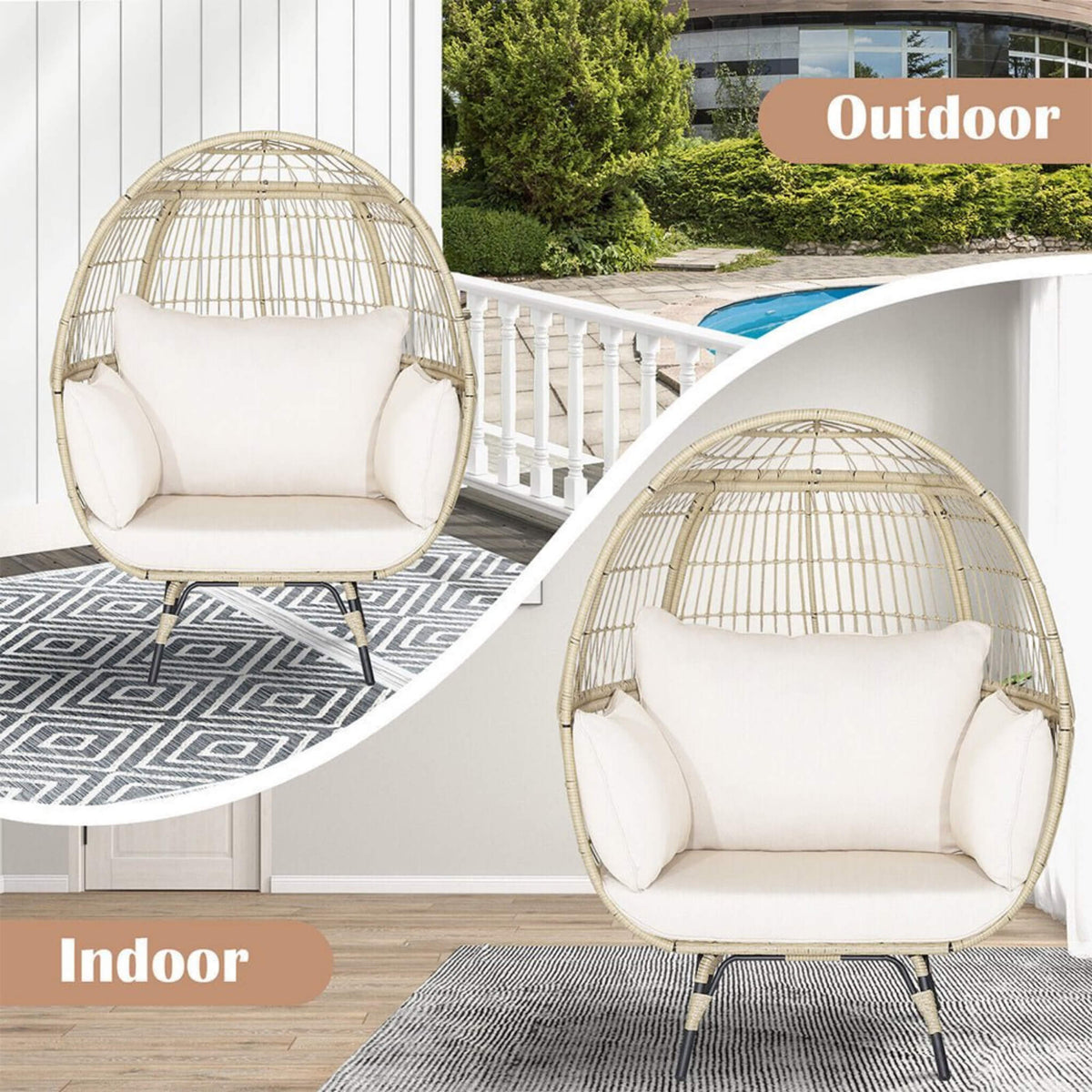 Premium 57-Inch Oversized Rattan Patio Egg Lounge Chair Basket With Cushions (SAK91684)