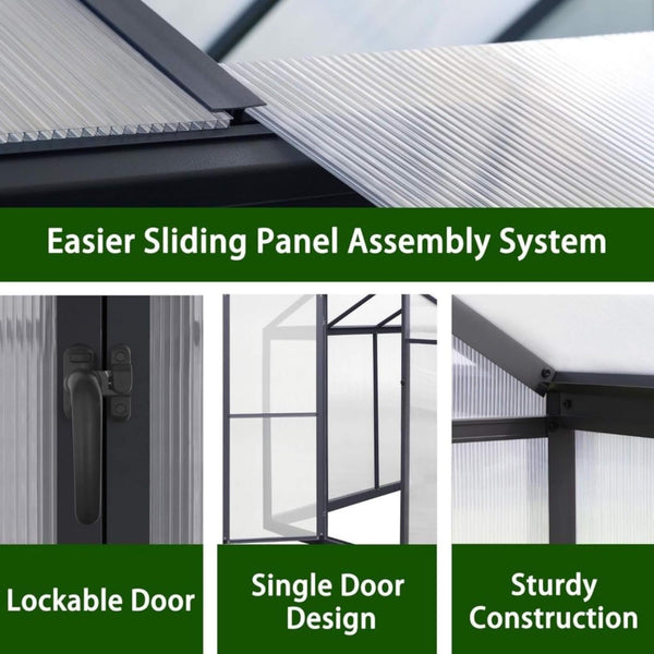 [06X12FT] Premium Polycarbonate Gray Walk-In Greenhouse Kit With Adjustable Vent And Lockable Door (SAK35264)